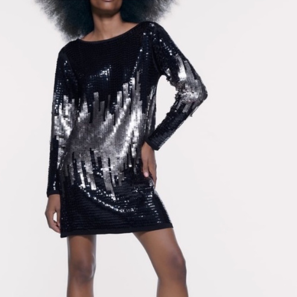 Zara Sequin Plunging Back V Dress Sz S
